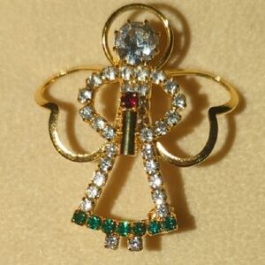 Elegant Gold Christmas Angel Brooch with Gem Accents